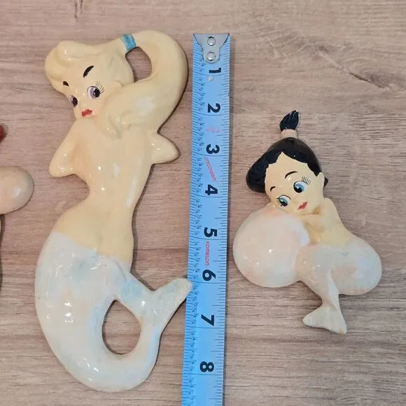 Vtg Mermaids + Bubbles Chalkware Kitsch Wall Hanging Plaques Set of 3 ~ 5"-8" - Picture 4 of 10